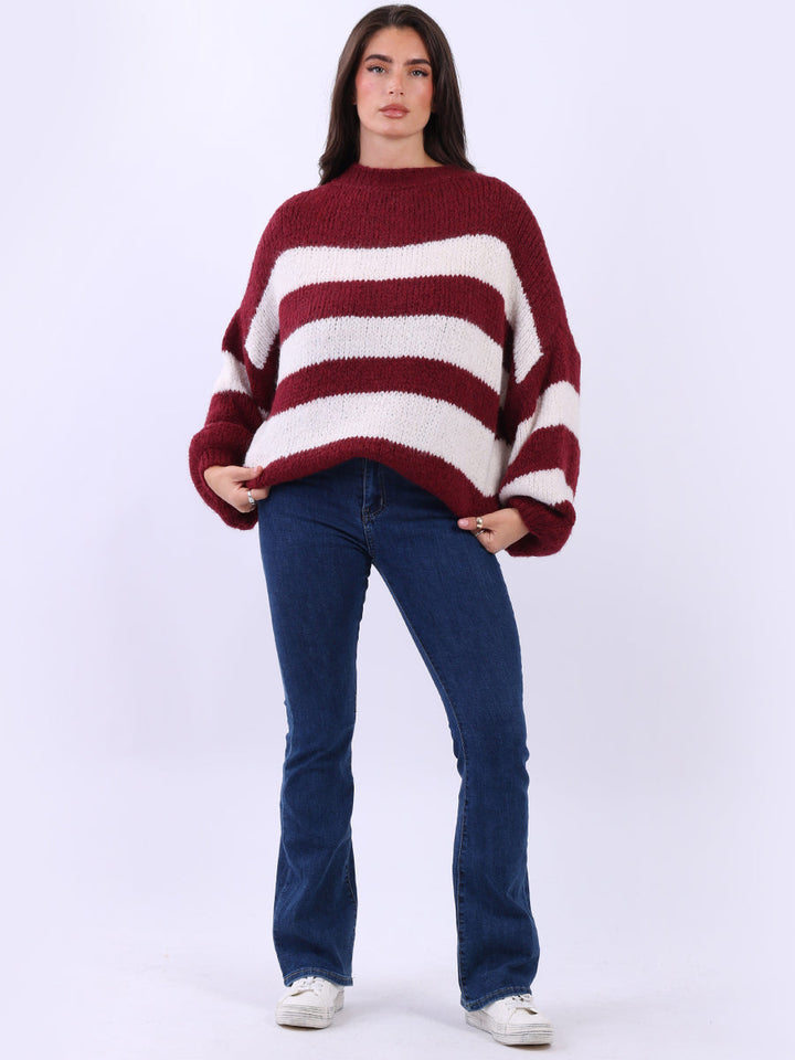 Batwing Stripy Wool Knitted Jumper Wine