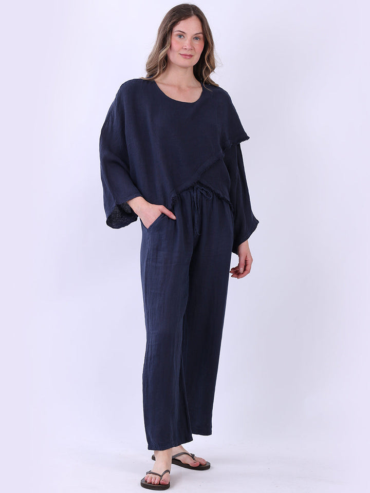 Batwing Linen Crop Top Navy