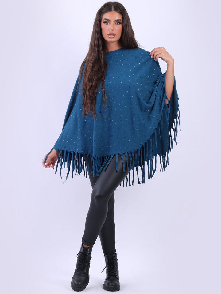 Glittery Women Knitted Poncho Teal