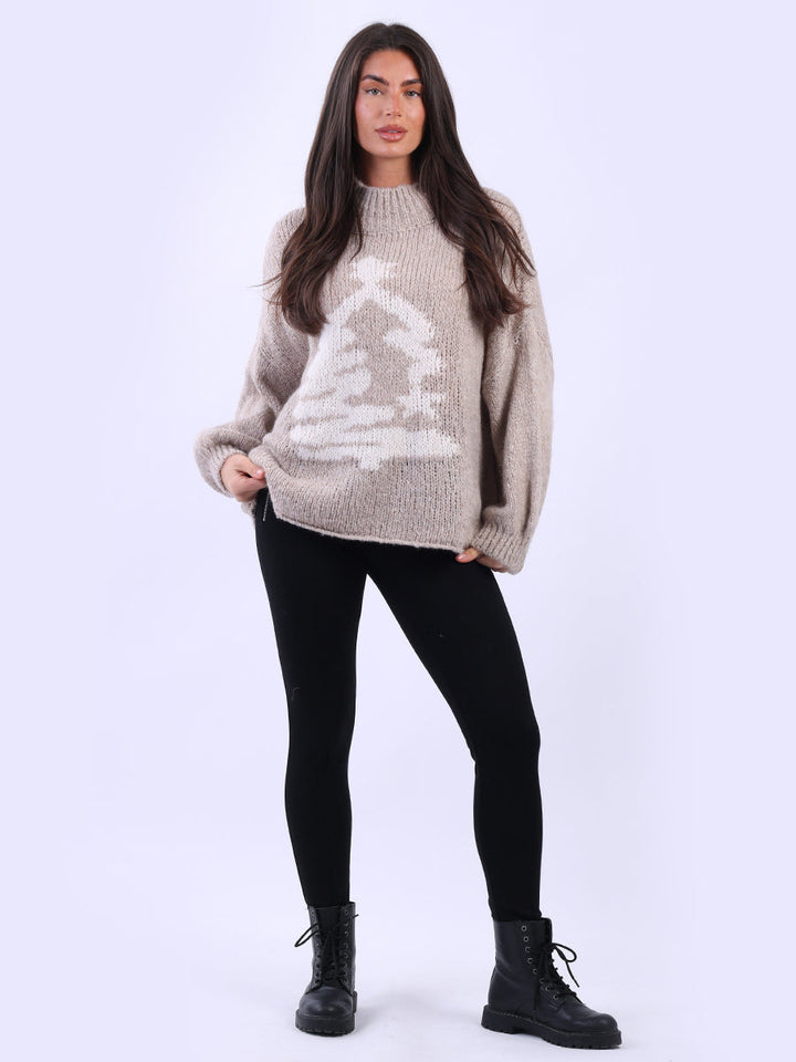 Knitted Xmas Tree Woolen Jumper Beige