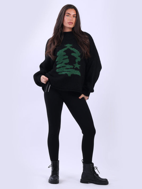 Knitted Xmas Tree Woolen Jumper Black