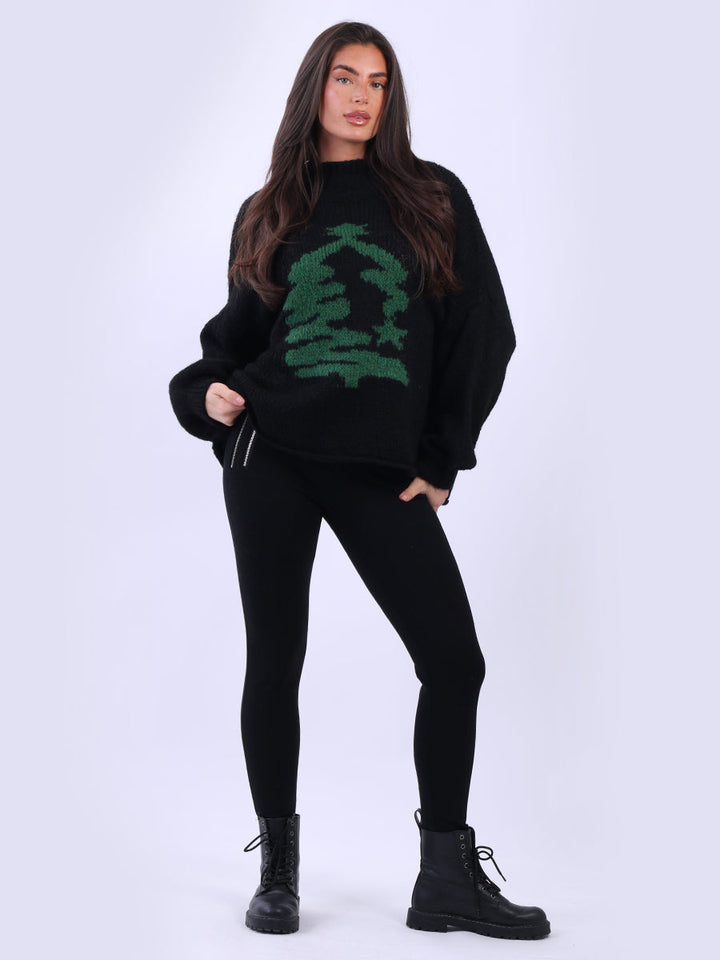Knitted Xmas Tree Woolen Jumper Black