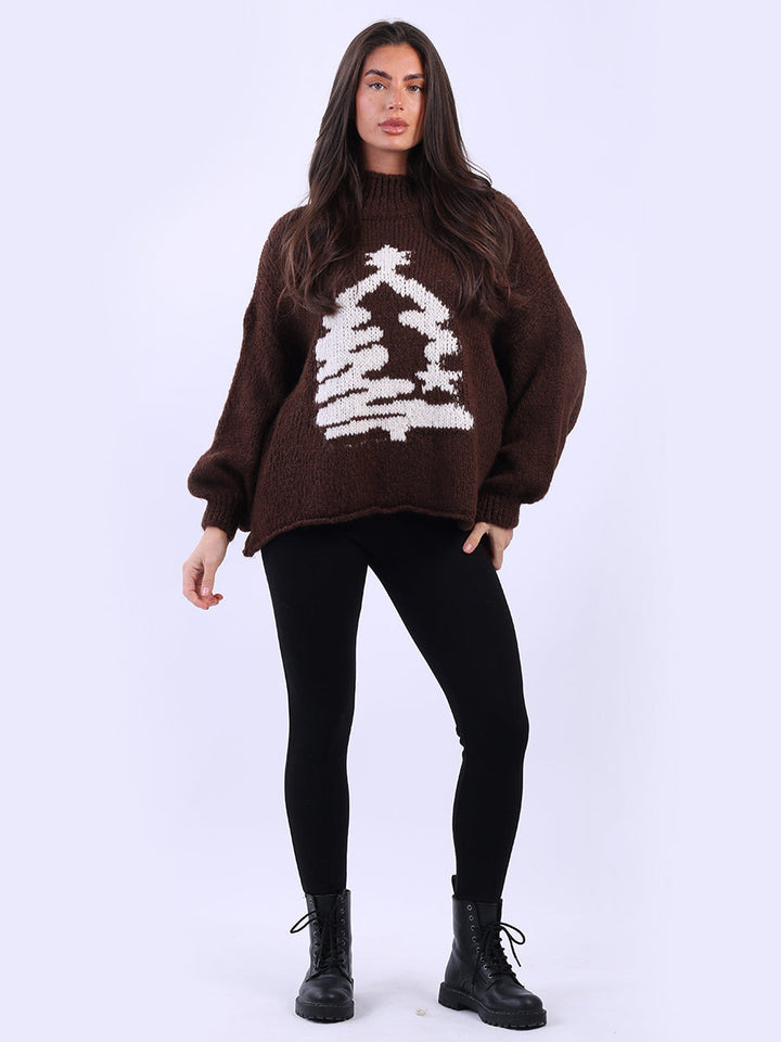 Knitted Xmas Tree Woolen Jumper Chocolate