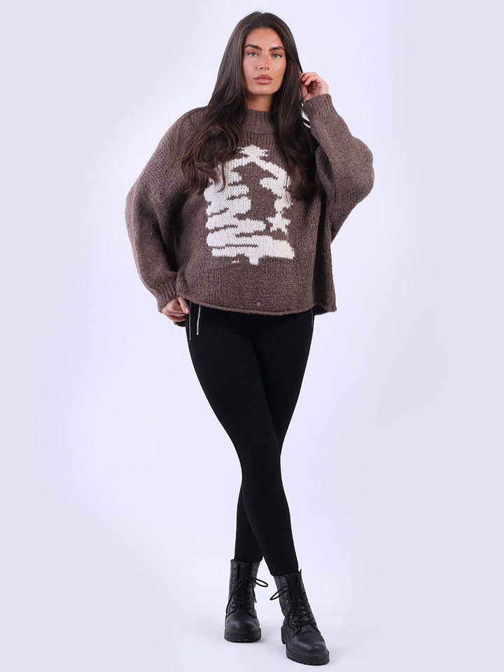 Knitted Xmas Tree Woolen Jumper Dark Mocha