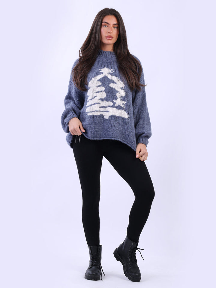 Knitted Xmas Tree Woolen Jumper Denim
