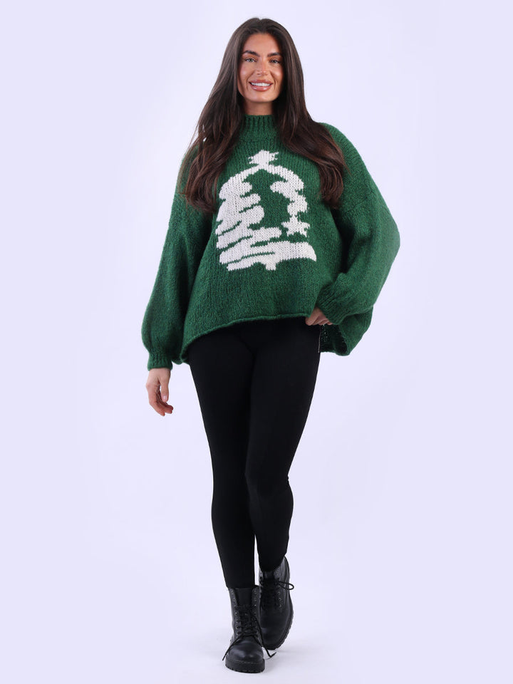 Knitted Xmas Tree Woolen Jumper Green