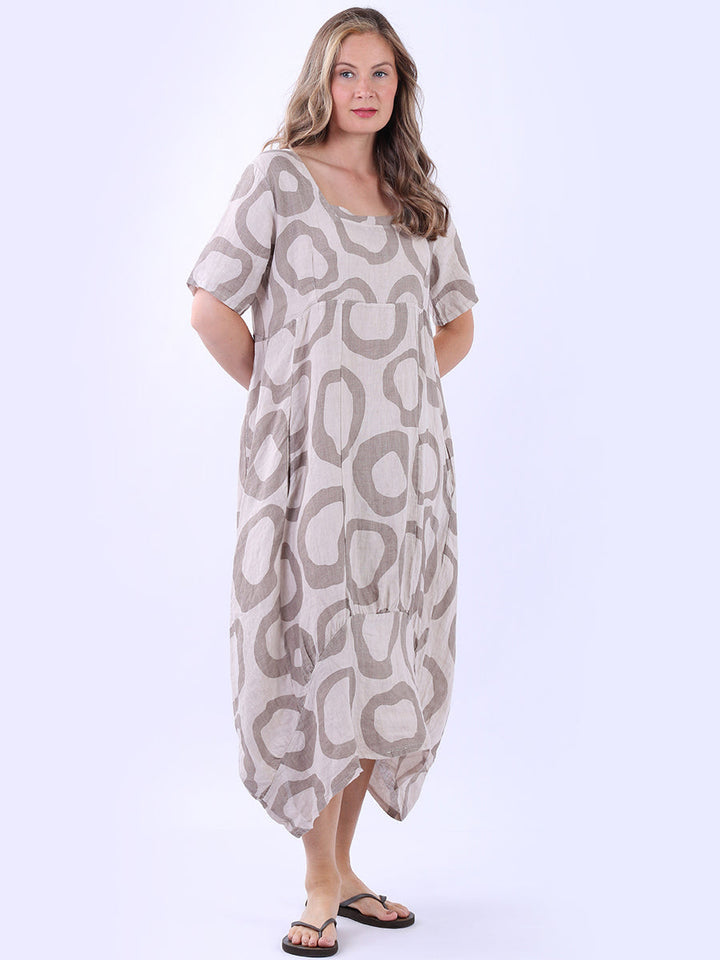 Circle Print Linen Dress Beige