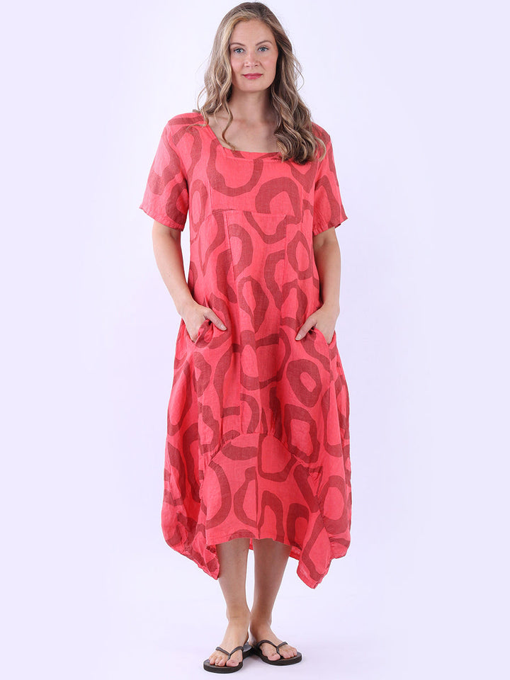 Circle Print Linen Dress Coral