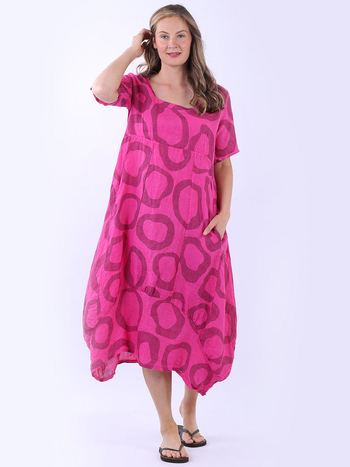 Circle Print Linen Dress Fuchsia