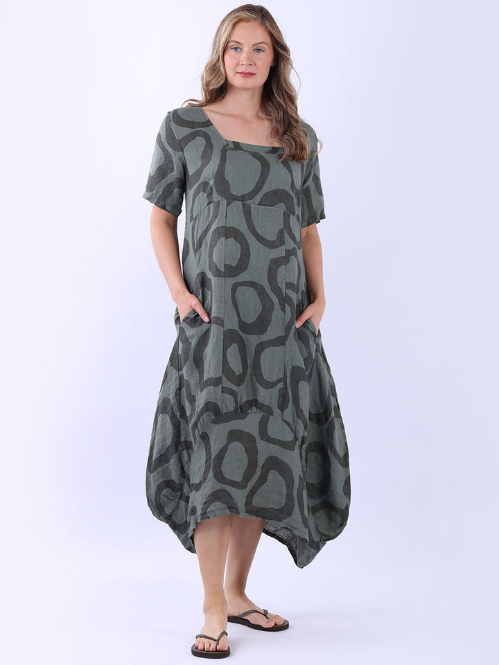 Circle Print Linen Dress Khaki
