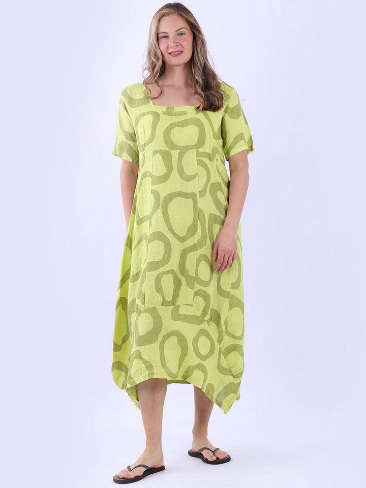 Circle Print Linen Dress Lime Green