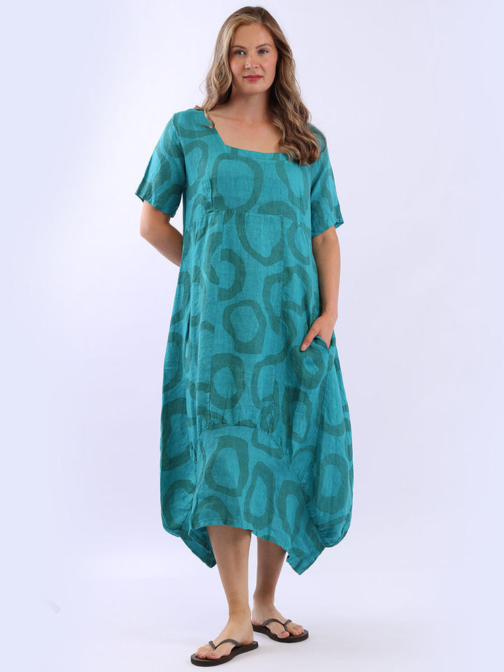 Circle Print Linen Dress Teal