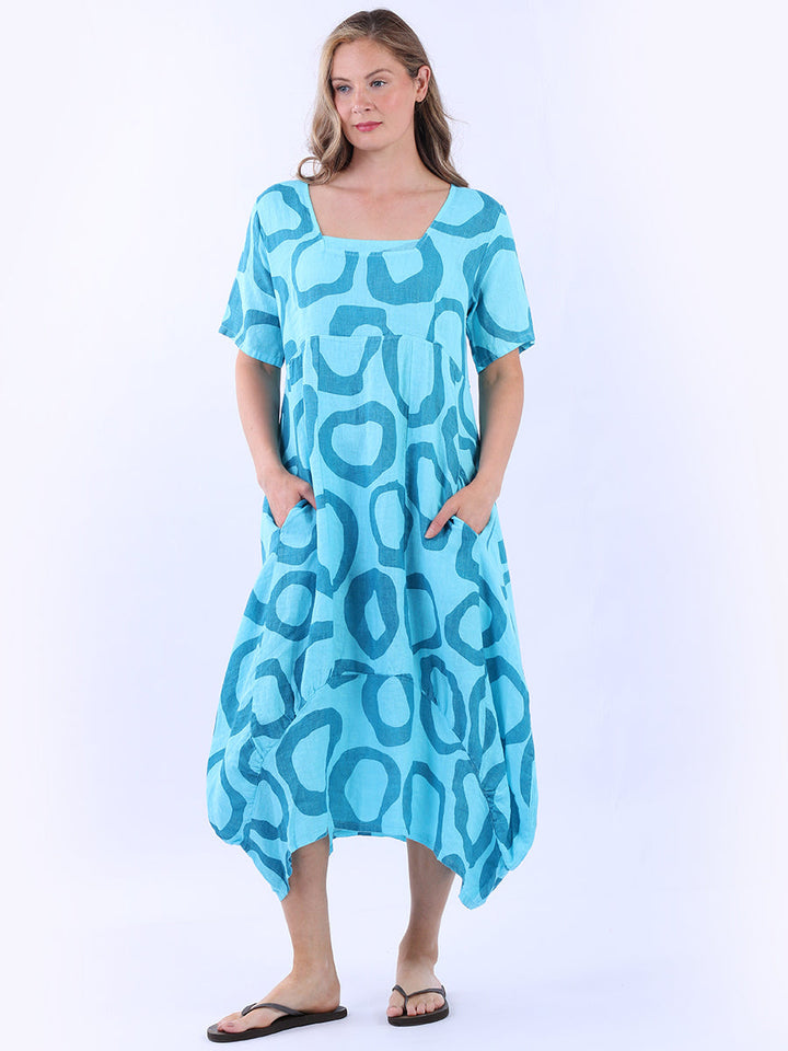 Circle Print Linen Dress Turquoise