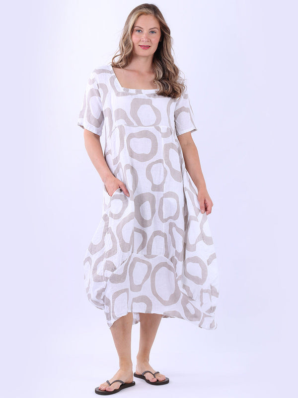 Circle Print Linen Dress White