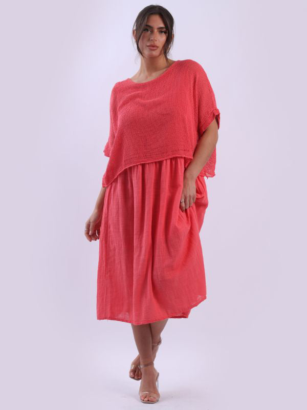 Mesh Net Cotton Midi Dress Coral