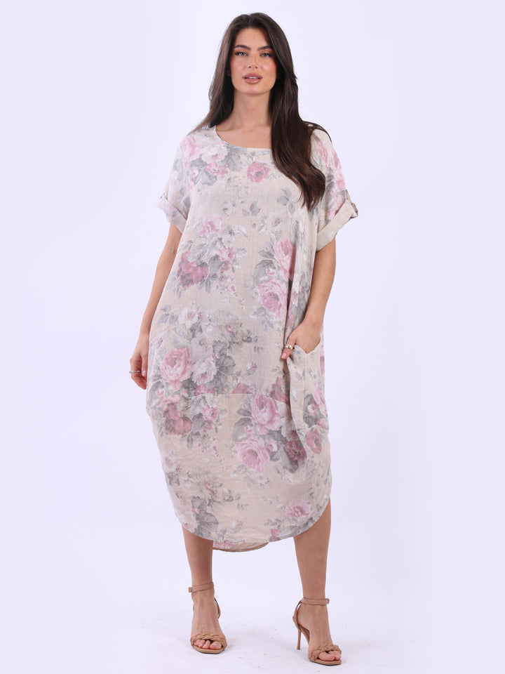 Plus Size Floral Linen Dress Beige