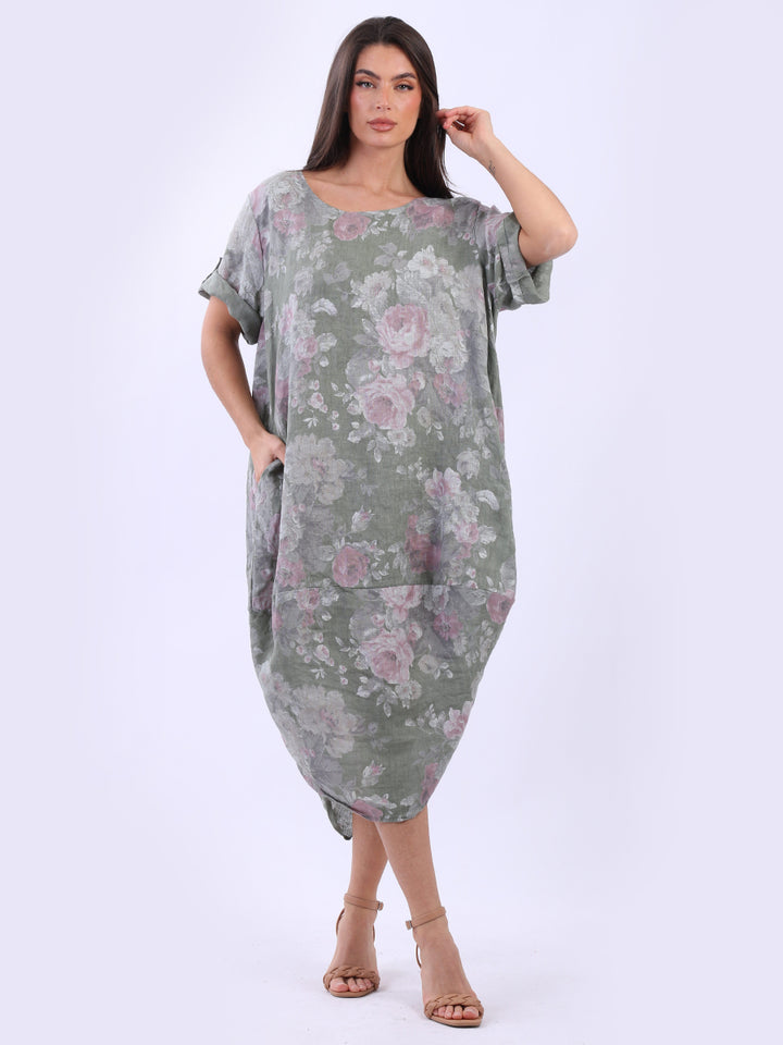 Plus Size Floral Linen Dress Khaki