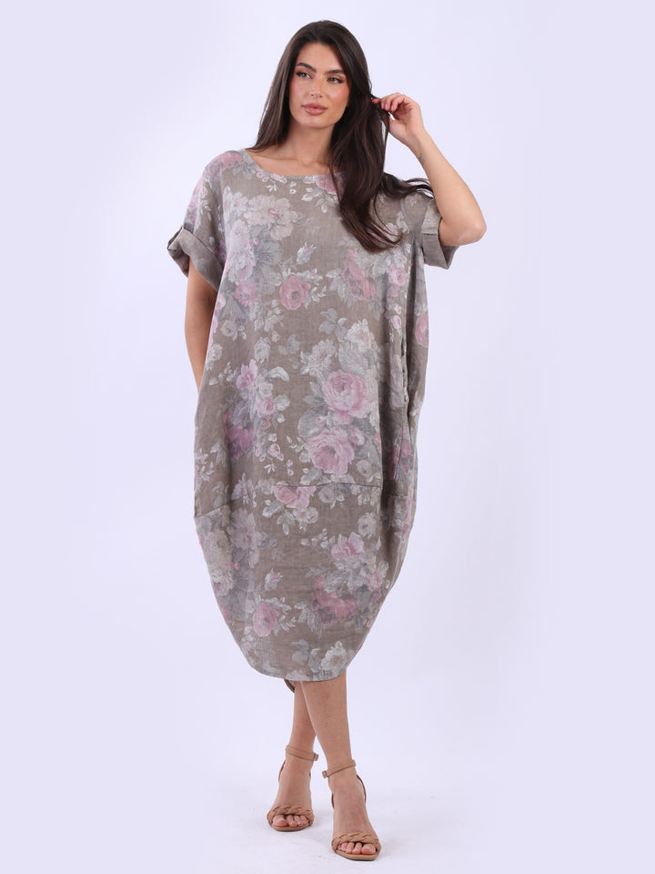 Plus Size Floral Linen Dress Mocha