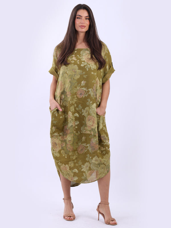 Plus Size Floral Linen Dress Olive
