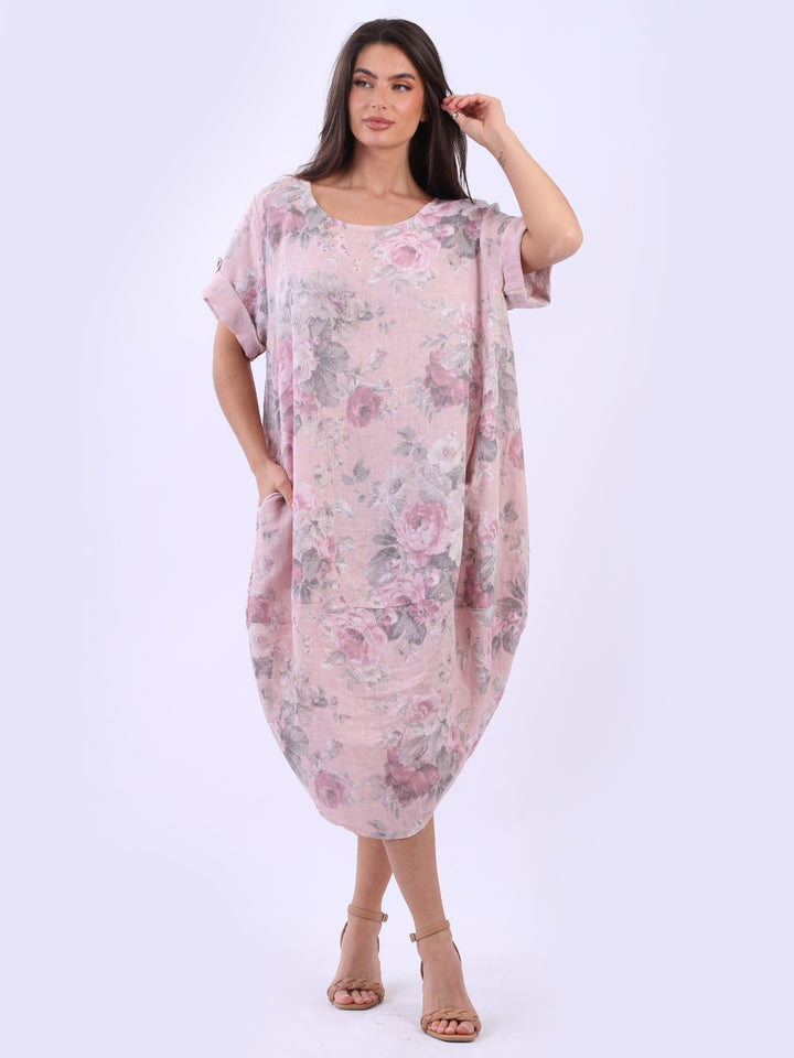 Plus Size Floral Linen Dress Pink