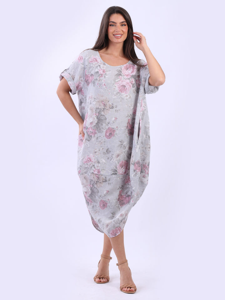Plus Size Floral Linen Dress Silver