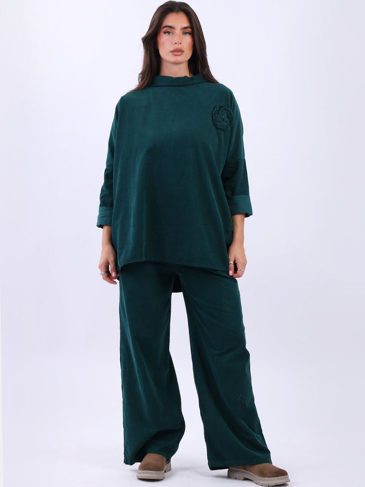 Women Cotton Corduroy Top Bottle Green