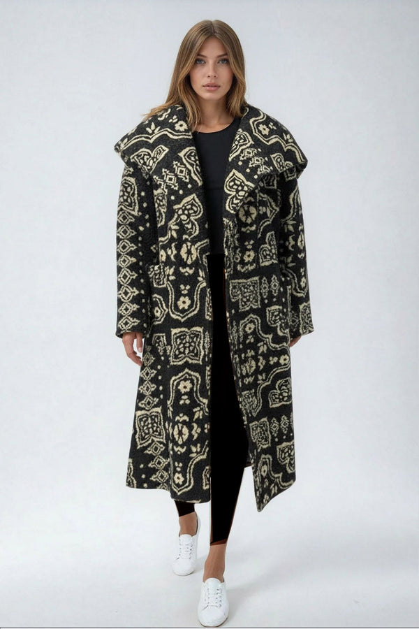 Printed Fleece Textured Waterfall Coat