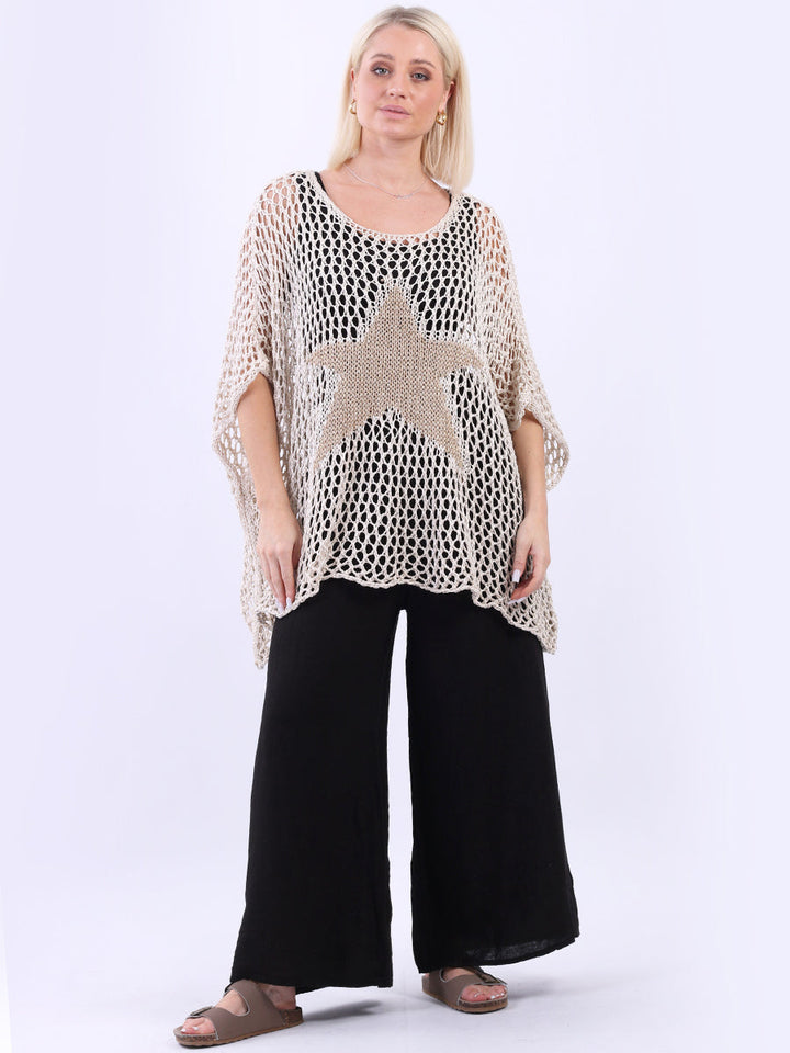 Star Knit Crochet Cotton Top Beige