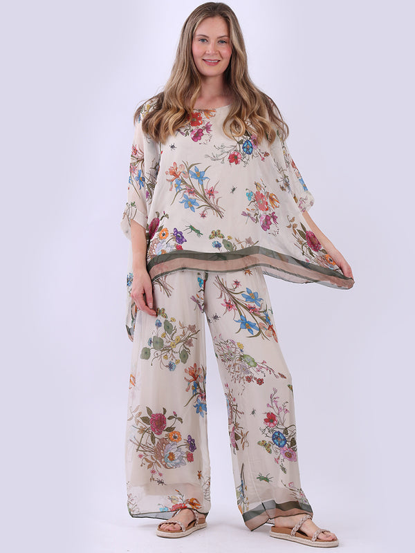 Floral Batwing Silk Tunic Top Beige