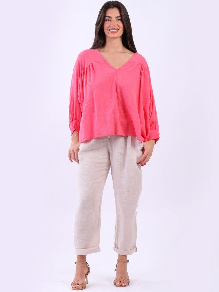 Batwing Cotton Crop Blouse Coral