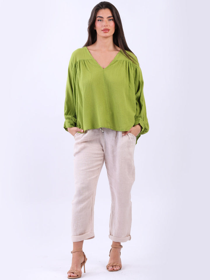 Batwing Cotton Crop Blouse Lime Green