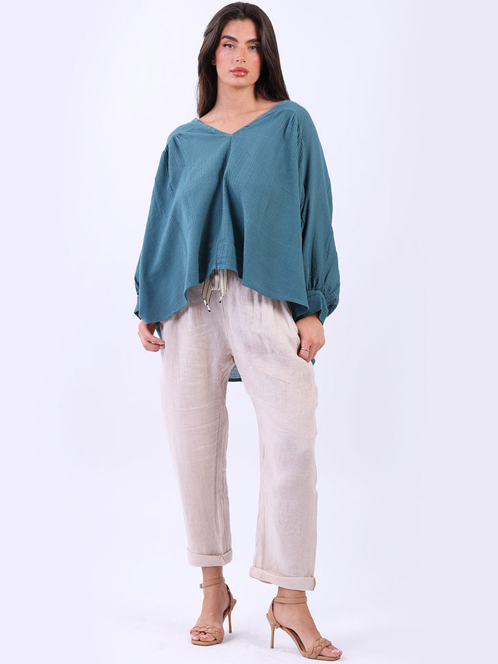 Batwing Cotton Crop Blouse Teal