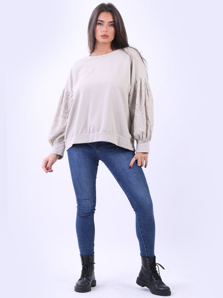 Broderie Cotton Crop Top Beige