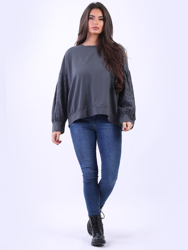 Broderie Cotton Crop Top Charcoal