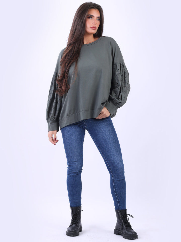 Broderie Cotton Crop Top Khaki