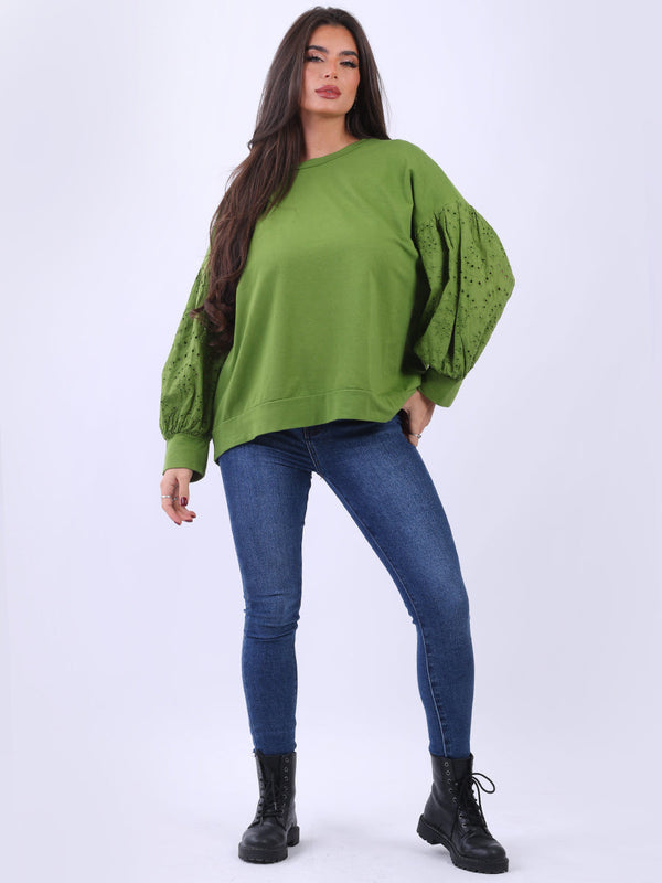 Broderie Cotton Crop Top Lime Green