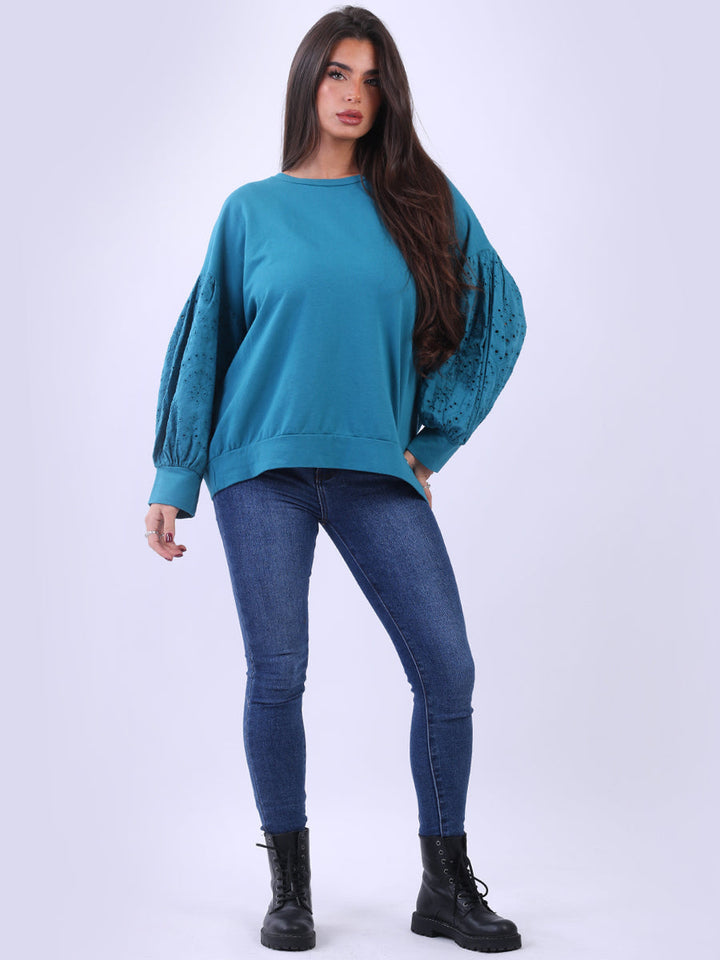 Broderie Cotton Crop Top Teal