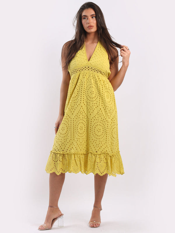 Italian Broderie Eyelet Cotton Lagenlook Halter Midi Dress