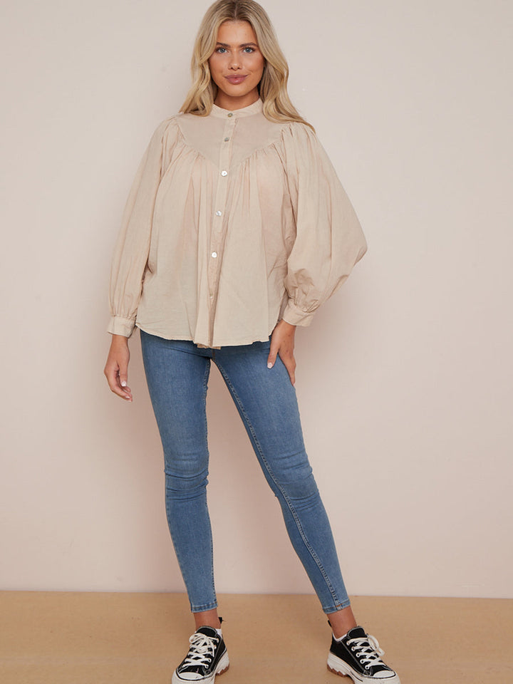 Batwing Cotton Baggy Crop Blouse Beige