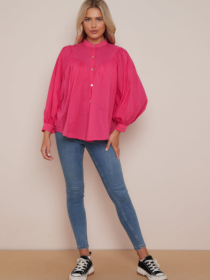Batwing Cotton Baggy Crop Blouse Fuchsia