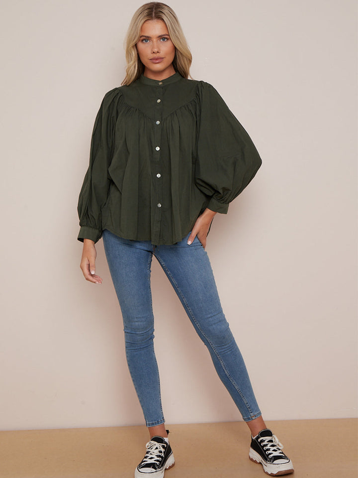 Batwing Cotton Baggy Crop Blouse Khaki