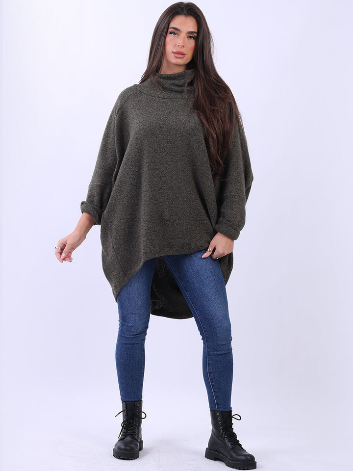 Cowl Neck Cotton Batwing Jumper Khaki