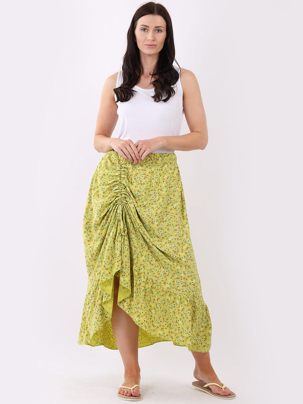 italian ditsy floral print gathered front classy skirt Lime Green
