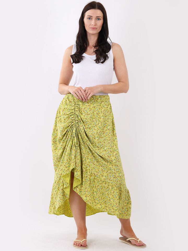 italian ditsy floral print gathered front classy skirt Lime Green