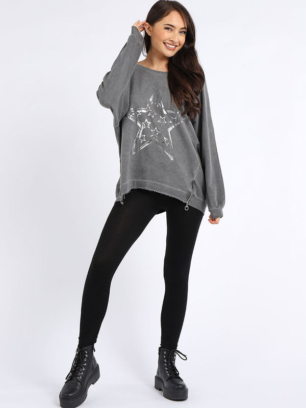 Italian Fancy Star Foil Print Cotton Lagenlook Sweat Top