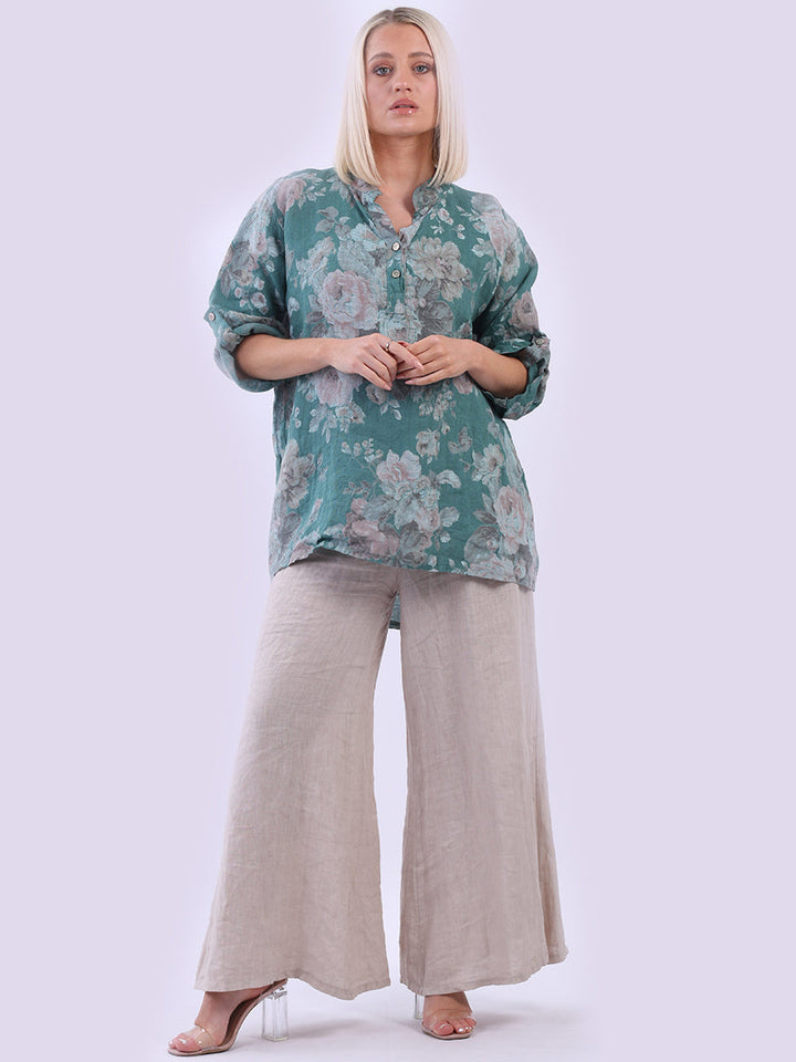 Floral Linen Lagenlook Top Ocean Blue