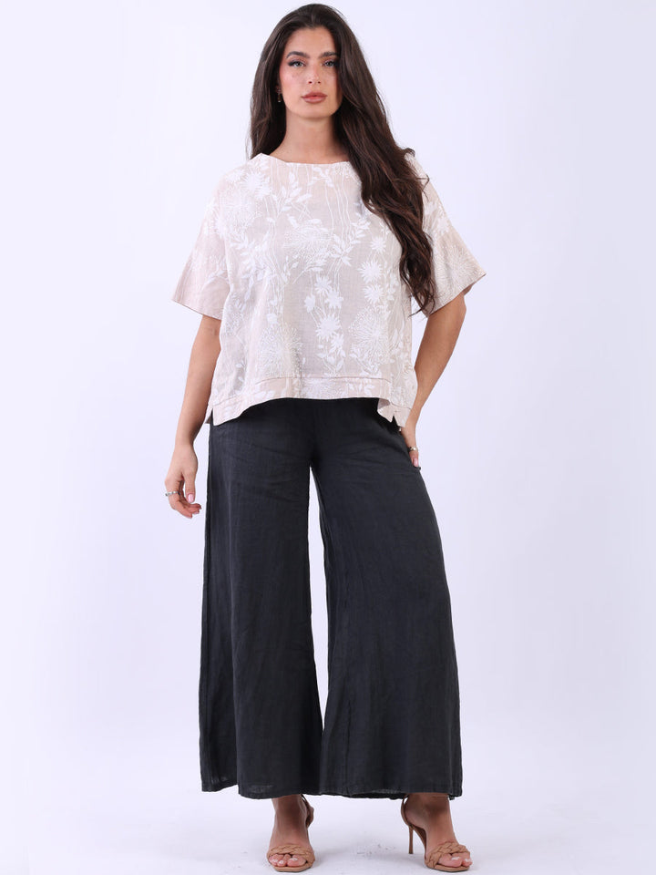 Floral Print Linen Crop Top Beige