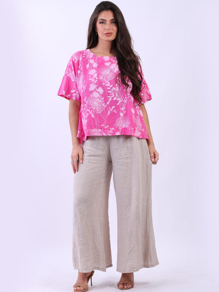 Floral Print Linen Crop Top Fuchsia