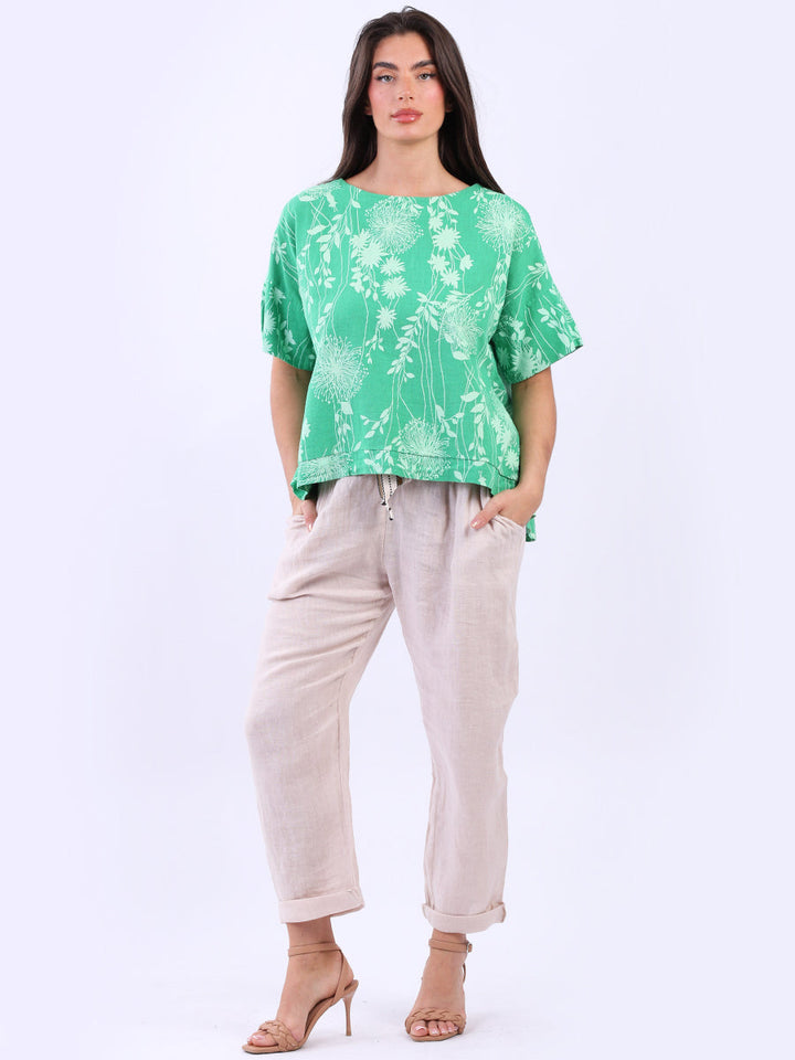 Floral Print Linen Crop Top Green