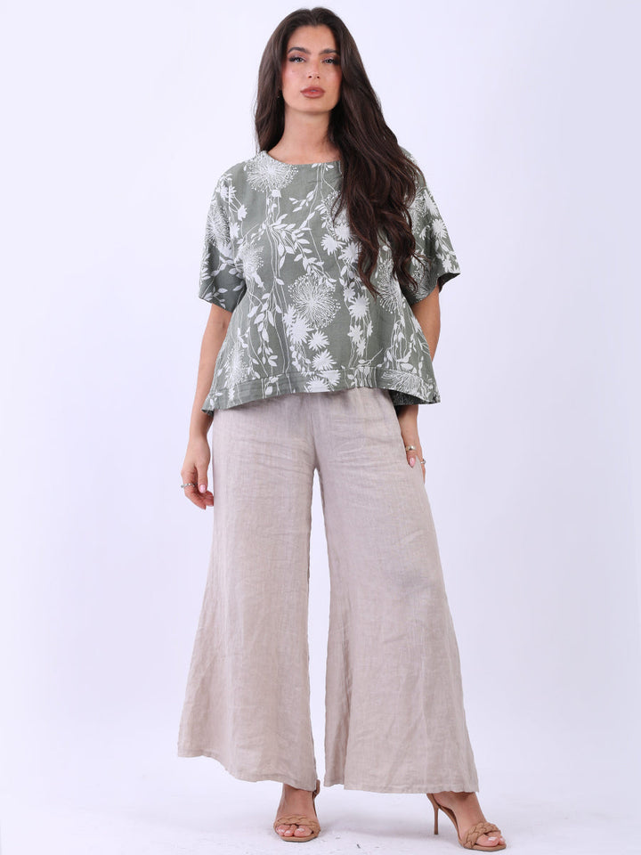 Floral Print Linen Crop Top Khaki
